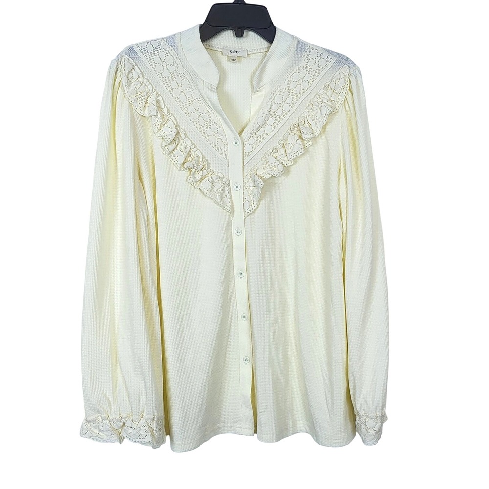 OTT Women's Ivory Ruffle Lace Long Sleeve Prairie Chic Button Waffle Shirt Large